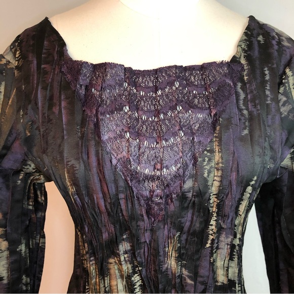 Babette Pleated Crinkle Long Sleeve Dark Purple &Black Square Neck Top Petite - Picture 5 of 15